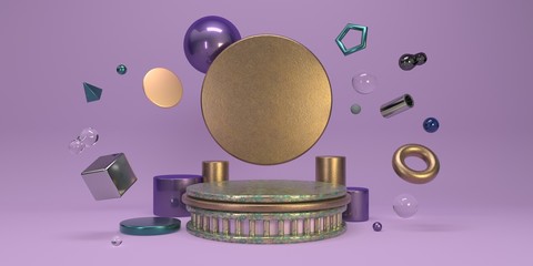 Simple purple studio background with podiums and geometric primitives composition for product 3d render
