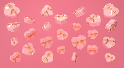Pink Valentine background with flying heart gift boxes illustration 3d render