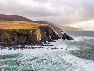 Aerial view of the beautiful coast at Malin Beg looking in County Donegal, Ireland.