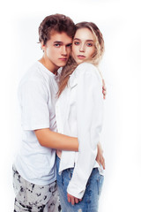 Fototapeta premium young pretty couple together posing cheerful isolated on white background, lifestyle people concept, happy boy and girl
