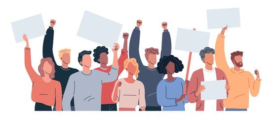 Protest people holding posters flat vector illustration - obrazy, fototapety, plakaty