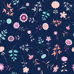 Pink and purple flowers seamless pattern. Vector illustration of cute flowers on dark blue background