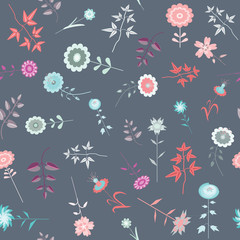 Flowers seamless pattern. Vector illustration of cute flowers on grey background