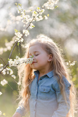 Little cute girl blonde with long hair sniffs a flowering tree branch in the park in spring.