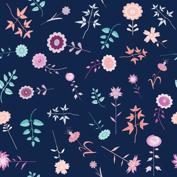 Pink and purple flowers seamless pattern. Vector illustration of cute flowers on dark blue background © Lucie