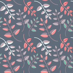 Leaves seamless pattern. Vector illustration of white and pink leaves on grey background