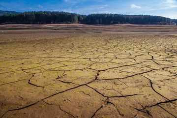 The bottom of the empty Studena dam near Pernik, Bulgaria. Hot weather and climate changes makes the dam almost empty. November 2019. Climate disaster.