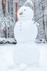 Moscow, Russia - 11 January, 2020: a big snowman with sticks instead of hands and a carrot instead of a nose standing in a forest
