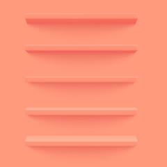 Pink 3d shelf on the wall. Wooden horizontal realistic empty shelf. Vector illustration