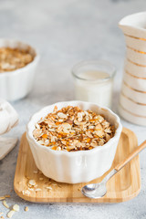 Cherry and Apricot crumble pie. Fruit Crumble with Any Kind of Fruit. Dessert with fruits, oatmeal and almonds. Berry cake, crisp in baking dish. Crispy cake