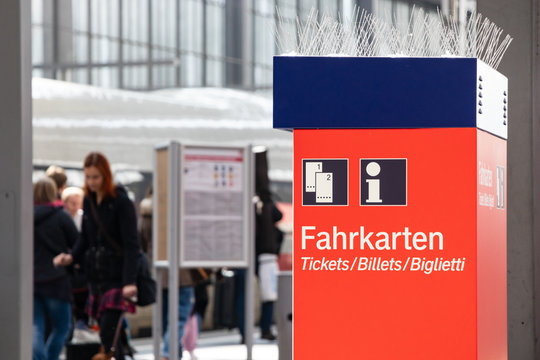 Munich, Germany - April 06, 2019 : Train ticket vending machines at Munich main train station or Munich Hauptbahnhof, served by both national and international trains