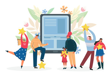 Leaving feedback, customer review rating concept. People holding stars in hands rate app, or service on tablet or smartphone. Know your client: clients of different ages, tastes.