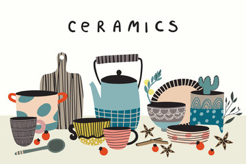 Hand made pottery background for home and restaurant. Ceramics or pottery lessons banner to promote your studio. Authentic kitchen cookware and utencils. Isolated porcelain, crockery, earthenware.
