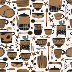 Hand made pottery seamless pattern. Ceramics wallpaper, textile, wrapping paper design good for print. Authentic kitchen cookware and utencils background.