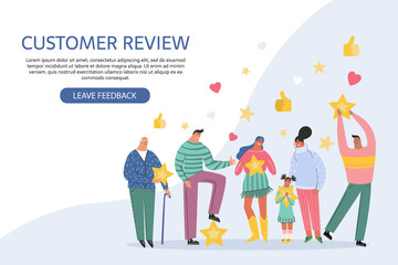 Leaving feedback, customer review rating concept. People holding stars in hands rate app, film, service. Know your client: clients of different ages, tastes. Сustomer focus, happy customers design