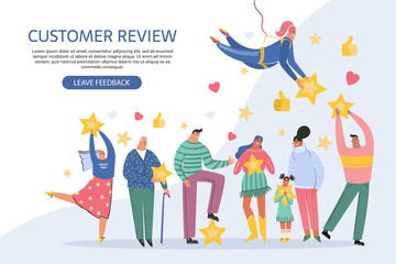 Leaving feedback, customer review rating concept. People holding stars in hands rate app, film, service. Know your client. Сustomer focus, happy customers flat design. Client feedback vector banner.
