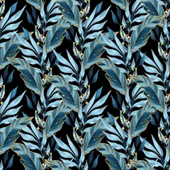 Fototapete Blau Gold Nahtloses Muster mit blauen Blättern. Hintergrund für Geschenkpapier, Wandkunstdesign