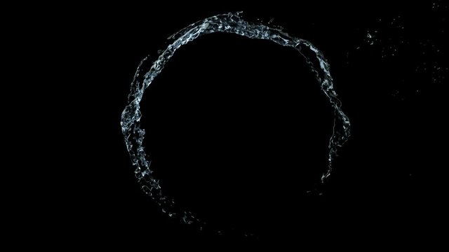 Water Crcle Looping With Reflections onBlack Background, Water Splash Flow, Liquid Wave shape and bubble drop.
