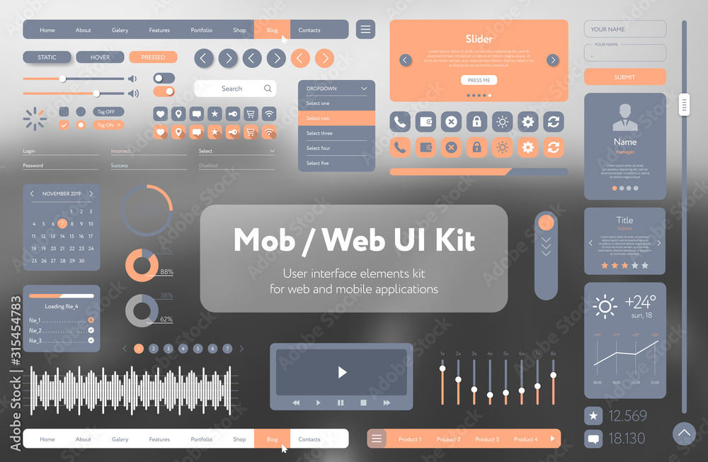 Fototapete orange user interface template responsive design, tools and buttons. vector ui ux kit for mobile app