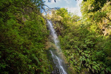 Fototapeta na wymiar Waterfall beside the hiking trail on the Levada Caldeirao Verde near Santana on the island of Madeira, Portugal.