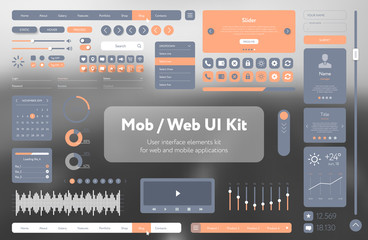 Orange user interface template responsive design, tools and buttons. Vector UI UX kit for mobile applications and web sites. Flat menu icons control elements on black and white monochrome background.