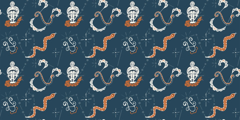 Naklejka premium Seamless pattern on the theme of the zodiac sign Ophiuchus. Astrological symbols hand-drawn. For fabric, textile, wrapping paper, scrapbooking, etc. Dark background. Vector.