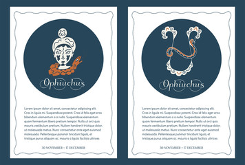 Zodiac signs Ophiuchus. Two templates of international format for postcards, flyers, posters, banners, brochures and so on. with place for text. Backgrounds with astrological symbols. Vector.