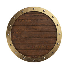 Medieval knightly round shield with metal border. Clipping path included.