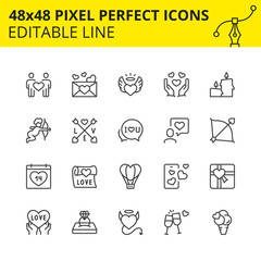 Fototapeta premium Editable Icons - Valentine’s day. Includes Heart, Cupid, Ribbon, Ring etc. Pixel Perfect 48x48, Scaled Set. Vector.