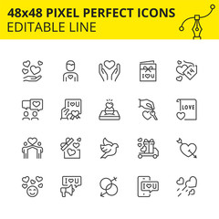 Scaled Icons - Romantic Day and Symbols of Love. Includes Dove, Happy, Key, Ring etc. Pixel Perfect 48x48, Editable Set. Vector.