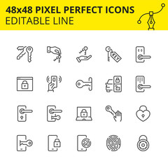 Scaled Icons of Keys, Locks and Security. Includes Fingerprint, Touch lock, Car Keys. Pixel Perfect Editable Set 48x48. Vector.