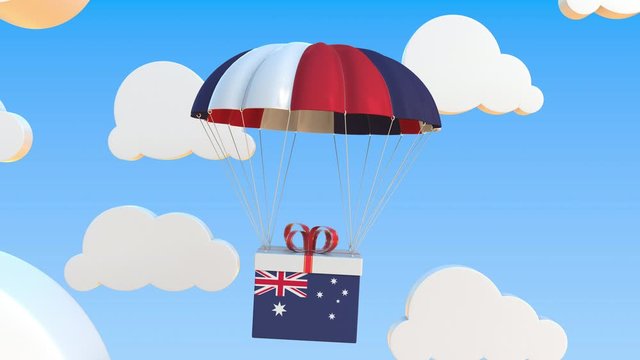Box with national flag of Australia falls with a parachute. Loopable conceptual 3D animation