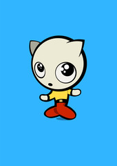 A cute cat character walking over a blue background in cartoon style. Vector Illustration