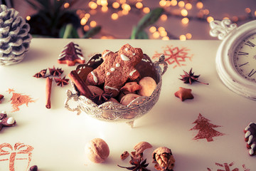 Beautiful Christmas background cookies and cap of coffee
