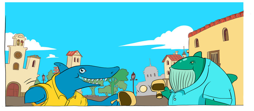 A Shark and a Whale playing ping pong in the middle of a village. Vector illustration