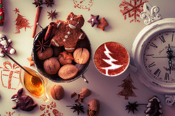 Beautiful Christmas background cookies and cap of coffee