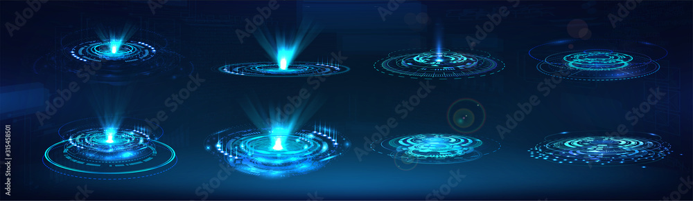 Aufkleber HUD GUI holograms and futuristic elements. Vector set digital technology UI. Circle Sci-fi elements with light and lights. Concept Futuristic User Interface for graphic motion. Vector