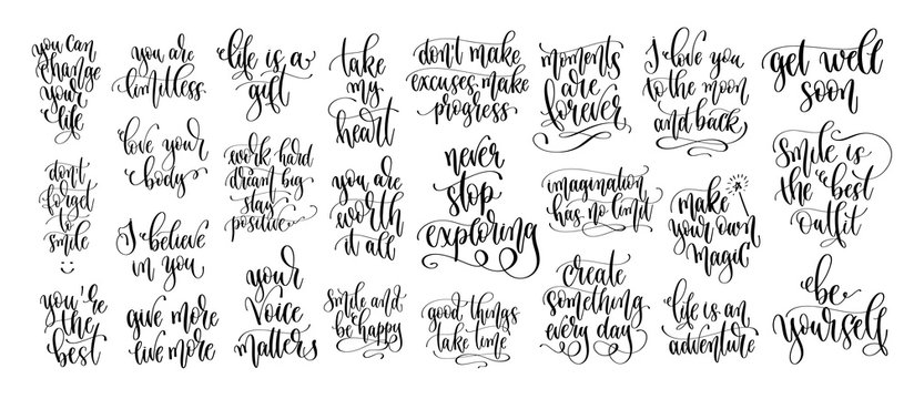 set of 25 positive quotes design, motivation and inspiration hand lettering