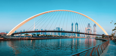 Full panoramic view of Dubai downtown from the Dubai Water canal