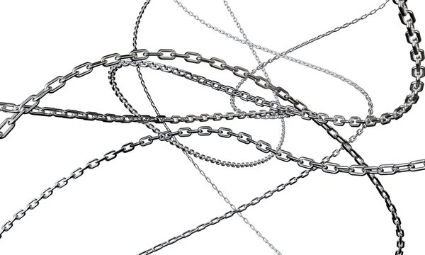 Shiny chains are intertwined on a white background. 3d render.