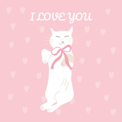 Cute white cat. Pink background with hearts. Valentine's day illustration.Greeting Card for Valentine's Day.Romantic illustration.