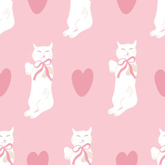 Seamless pattern with  cute white cat. Pink background with hearts. Valentine's day illustration.Romantic decor 