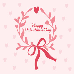 Pink wreath with ribbon and hearts. Decor for Valentine's Day.Pink background with hearts.Festive and romantic decor