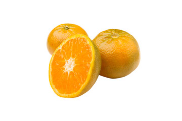 half of ripe orange and tangerine, isolated on white