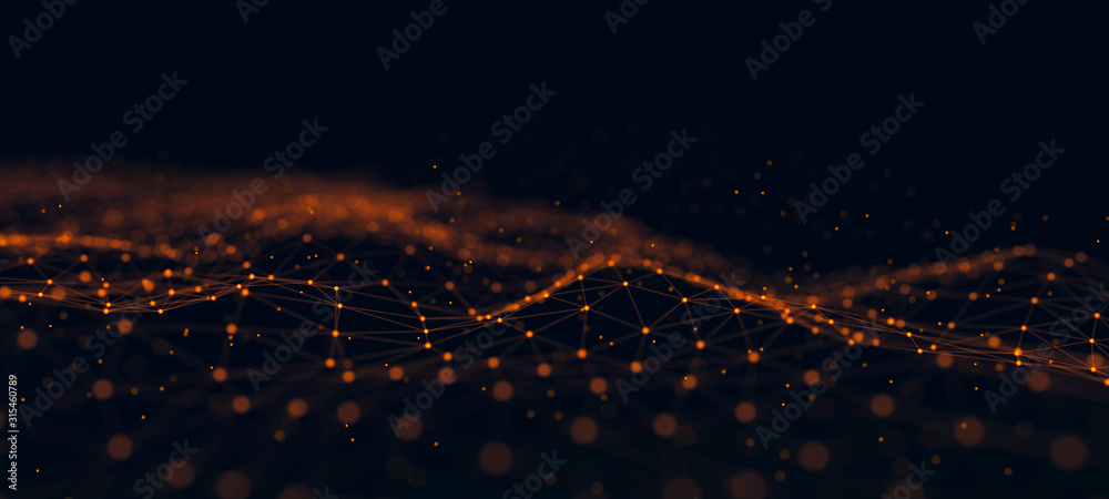 Poster Wave with interweaving of dots and lines. Network connection structure. Abstract technology background.