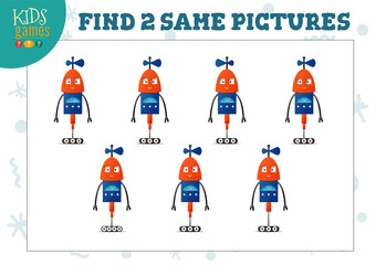 Find two same pictures kids puzzle vector illustration.