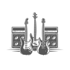 Three guitars and concert speakers