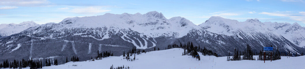 Whistler, British Columbia, Canada. Beautiful Panoramic View of the Canadian Snow Covered Mountain...