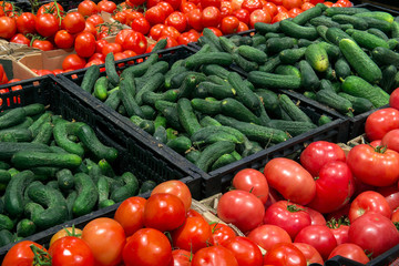 sale of vegetables on the market, cucumbers, tomatoes