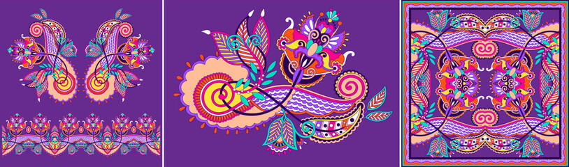 set of floral pattern in indian kalamkari oriental ethnic style, paisley design bandanna